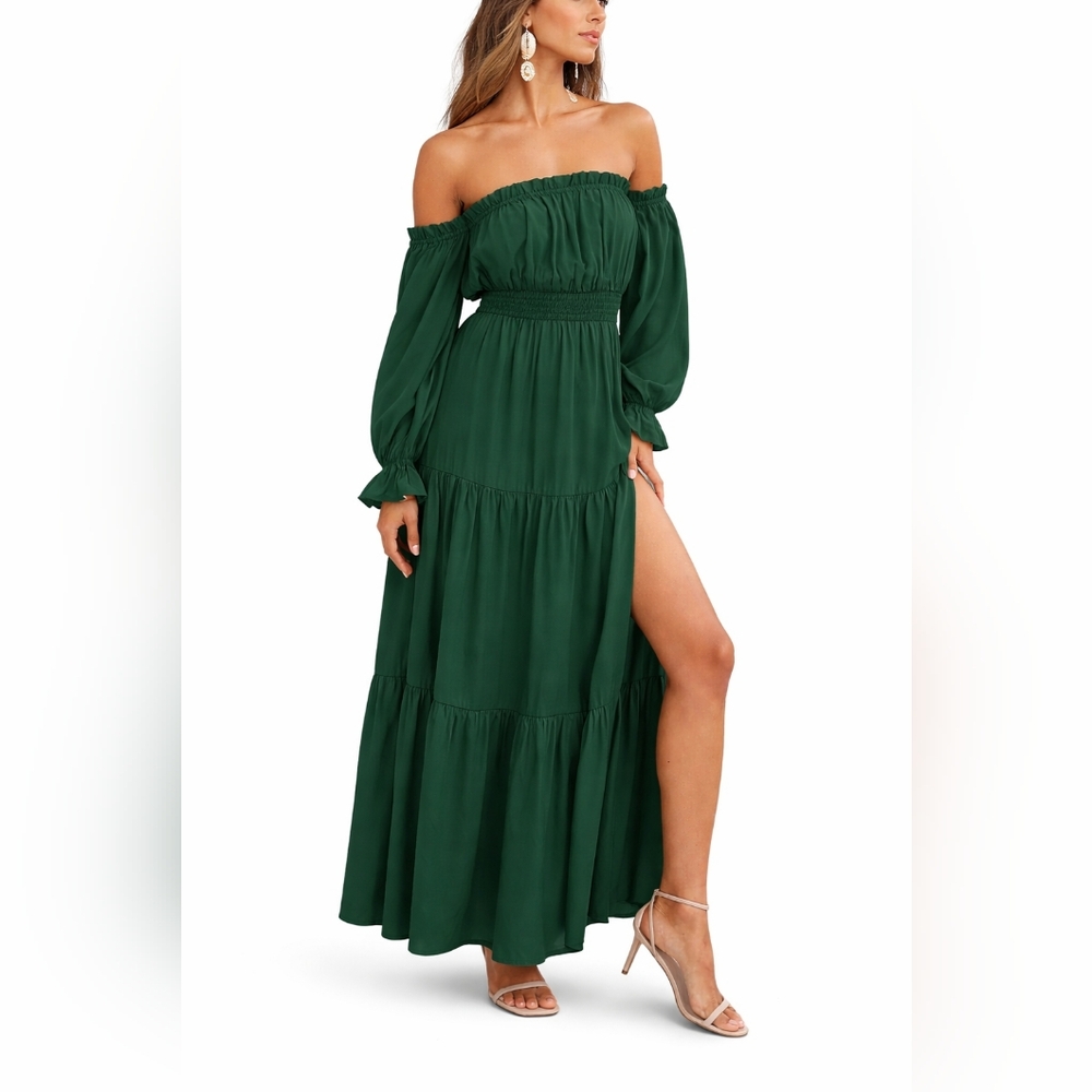 Sexy Emerald Green Off-Shoulder Maxi Dress Side Slit Size Large - Picture 1 of 5